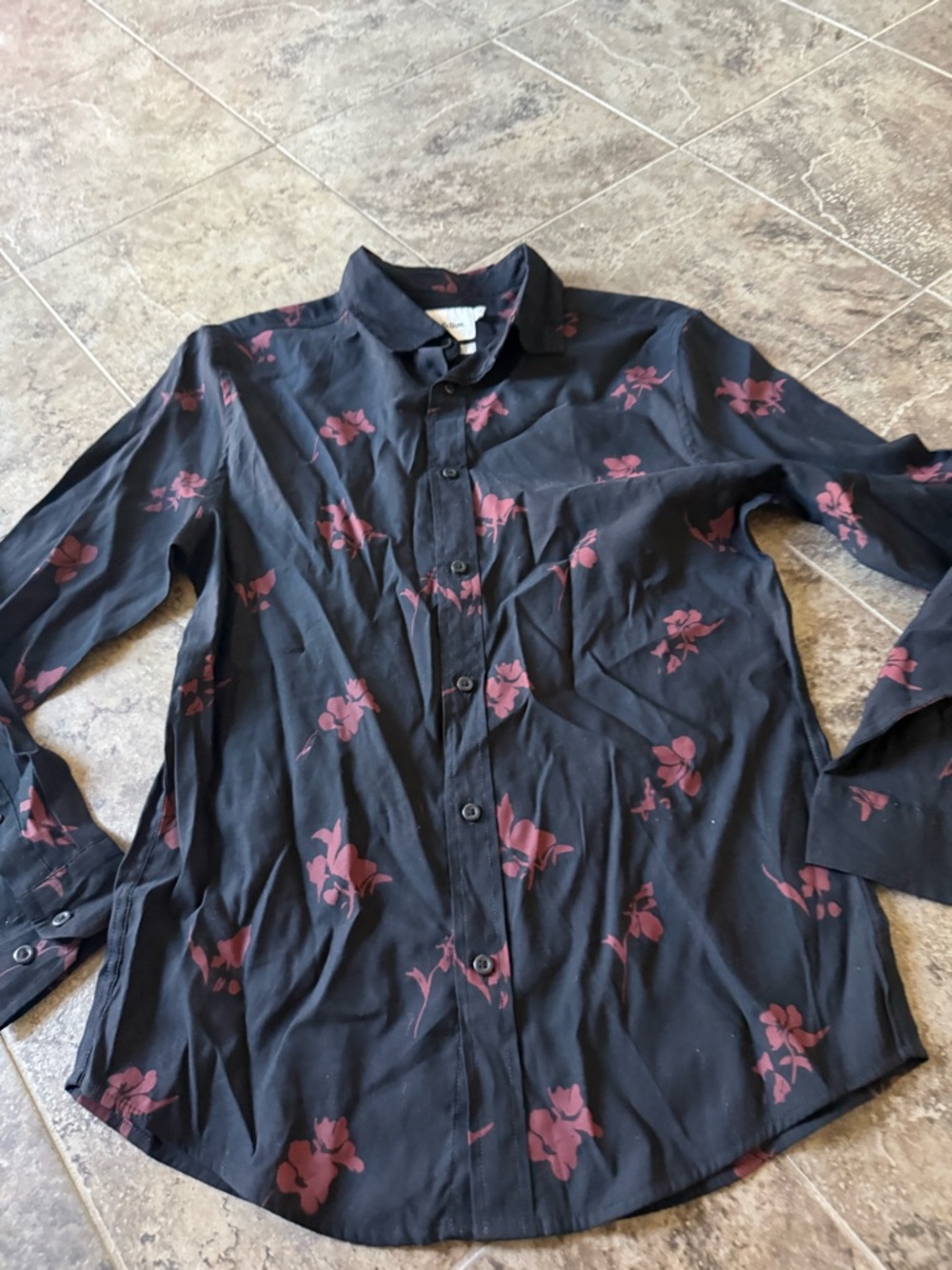 NWOT Men's Black Floral Button-Up Shirt with Burgundy Blooms